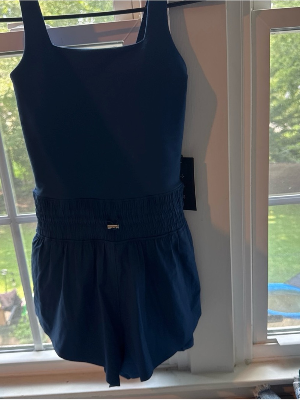 Square-Neck Navy Mini Dress with Smocked Waist